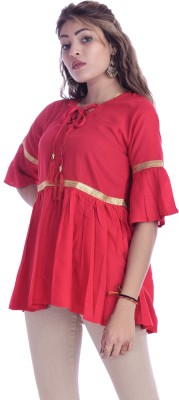 FEBIA Casual Bell Sleeve Solid Women Red Top