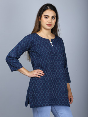 FaeebFashion Women Geometric Print Tunic Kurta(Dark Blue)