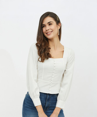 HARPA Casual 3/4 Sleeve Solid Women White Top
