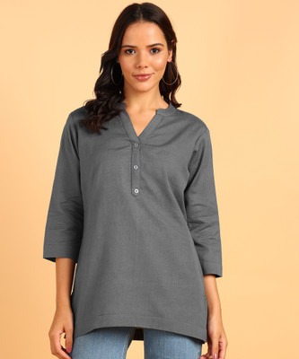 Blocks Of India Casual Solid Women Grey Top