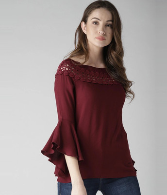 Vogue Nation Casual Flutter Sleeve Solid, Self Design Women Maroon Top