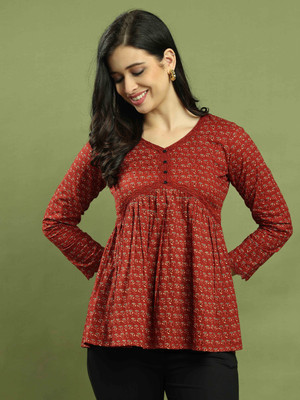 VihaanExim Casual Floral Print Women Maroon Top