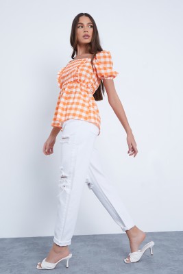 I Saw It First Casual Checkered Women Orange, White Top