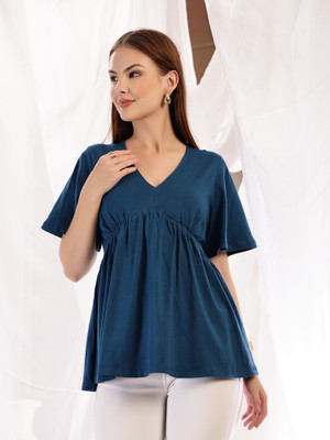 Zelena Casual Solid Women Blue Top