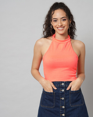GUTI Casual Self Design Women Orange Top