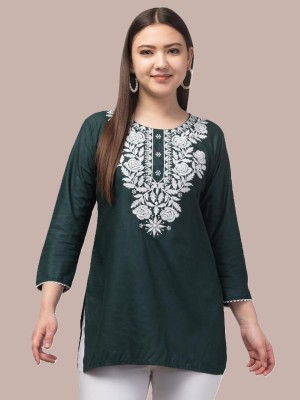 Aura Glam Women Chikan Embroidery A-line Kurta(Dark Green)