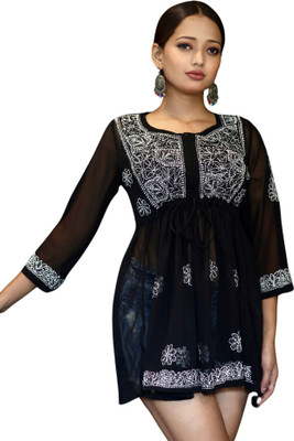 myplusfashion Casual Embroidered Women Black Top