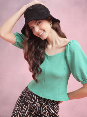 Dressberry Casual Self Design Women Green Top