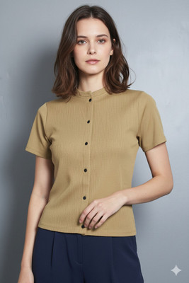 KISROLI Casual Solid Women Beige Top