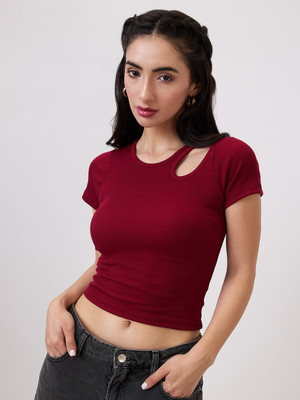 SZN Casual Solid Women Maroon Top