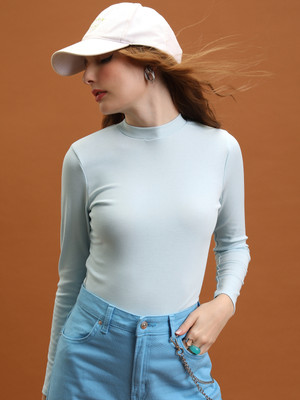 Tokyo Talkies Casual Solid Women Light Blue Top