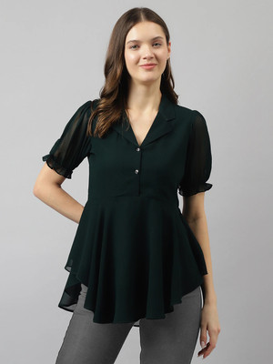 KERI PERRY Casual Solid Women Dark Green Top