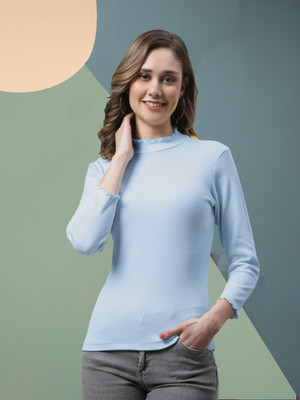 FBAR Casual Self Design Women Light Blue Top