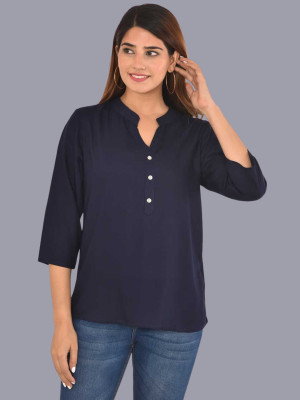 FABISHO Casual Solid Women Dark Blue Top