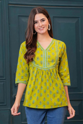 Golden Wings Casual Floral Print Women Green Top