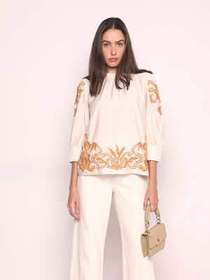 VERO MODA Casual Embroidered Women Beige Top