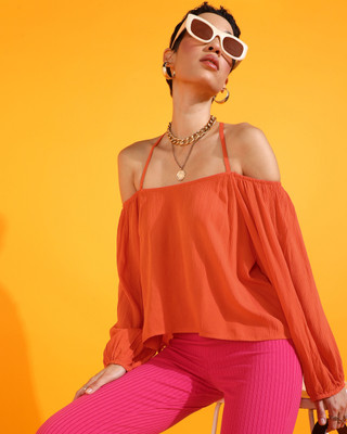 ADRIANA Party Solid Women Orange Top