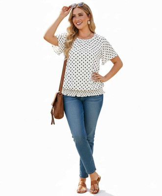 MultiCollection Casual Polka Print Women White Top