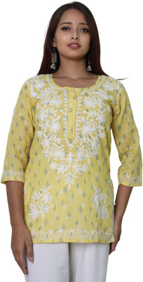 myplusfashion Casual Floral Print Women Gold Top
