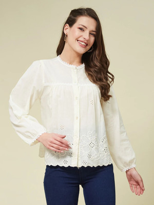 J TURRITOPSIS Casual Embroidered Women White Top