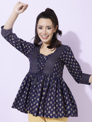 Anmi Printed Women Flared Kurta(Blue)