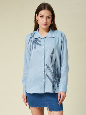 J TURRITOPSIS Casual Embroidered Women Blue Top