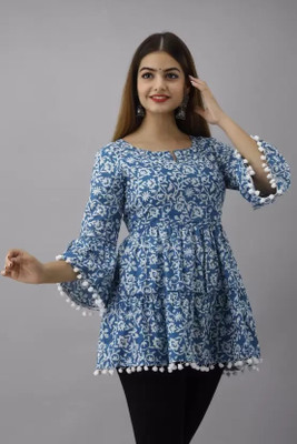 Kanika trader Casual Printed Women White, Blue Top