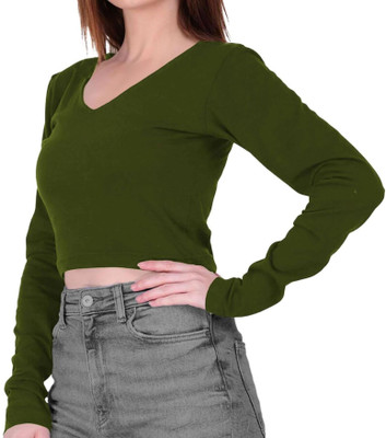 THE BLAZZE Casual Solid Women Dark Green Top