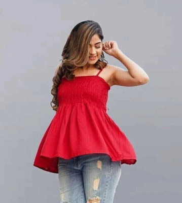 VYMO Casual Solid Women Red Top