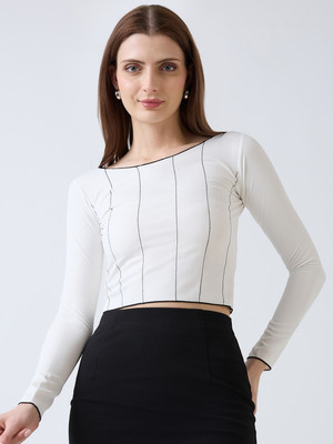 SZN Casual Striped Women White Top