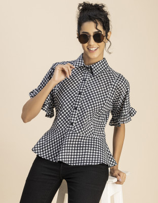 moomaya Casual Checkered Women White, Black Top