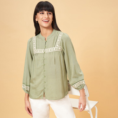 Honey By Pantaloons Casual Solid Women Light Green Top