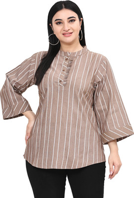 Kalakaari Casual Striped Women White, Brown Top