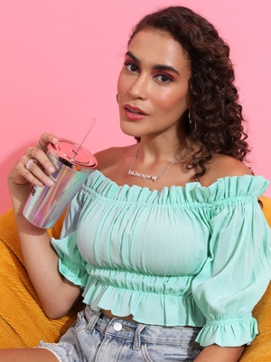 Tokyo Talkies Casual Solid Women Light Green Top