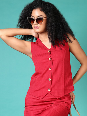 V-MART Casual Solid Women Maroon Top