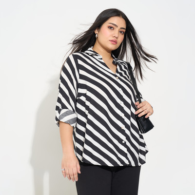 Honey Curvytude by Pantaloons Casual Striped Women Black, White Top