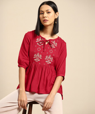 all about you Casual Embroidered Women Red Top