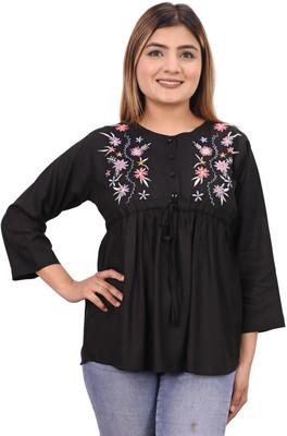 shree krishna creations Casual Solid Women Black Top