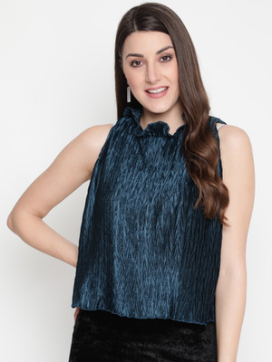 AKIMIA Party Self Design Women Dark Blue, Black Top