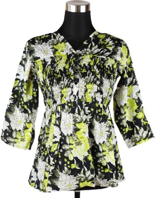 Rushaan Casual Floral Print Women Black, White, Light Green Top