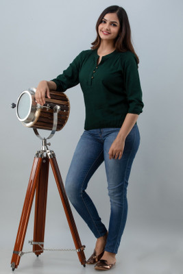 VEERANSU Casual Solid Women Dark Green Top