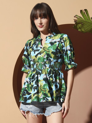 OTABU Casual Floral Print Women Green Top