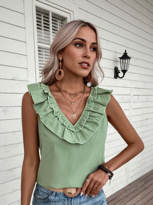OUTZIDR Casual Solid Women Green Top