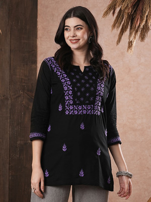 ADA Party 3/4 Sleeve Embroidered Women Black Top