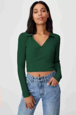 FamBee Casual Solid Women Dark Green Top