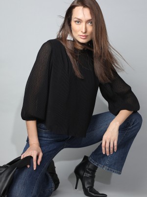 VERO MODA Casual Solid Women Black Top