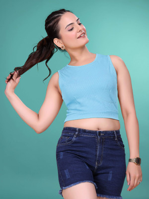 JK Creation Party Self Design Women Light Blue Top