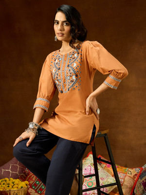 Janasya Party Embroidered Women Brown Top