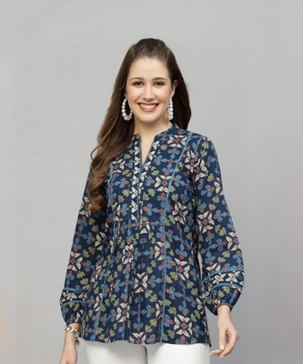 Cavercha Casual Floral Print Women Dark Blue Top