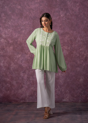 Juniper Casual Embroidered Women Green Top